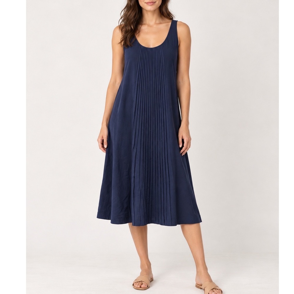 Eileen Fisher Navy Blue 100% Silk Pleated Front Sleeveless Midi Dress XL f5
